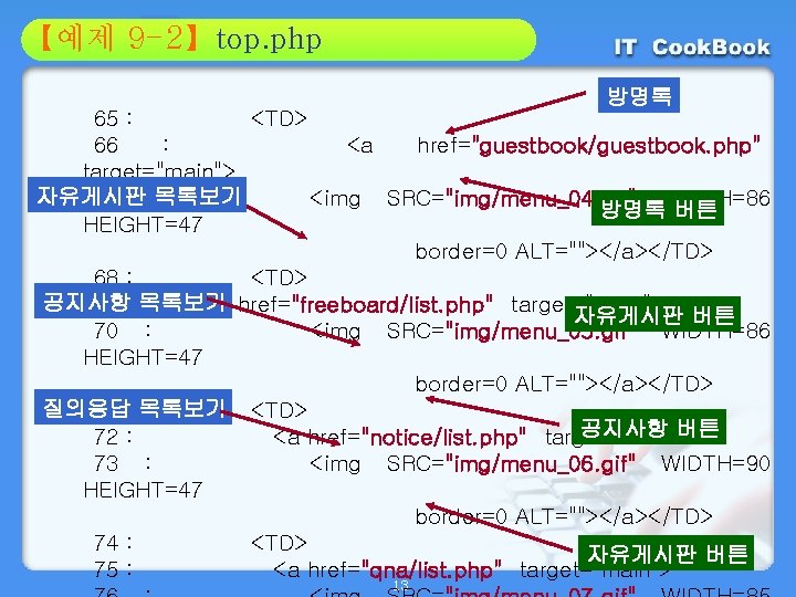 Section 9 -2】top. php 01 【예제 02 방명록 65 : <TD> 66 : <a