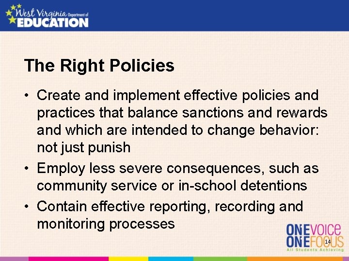The Right Policies • Create and implement effective policies and practices that balance sanctions The Right Policies • Create and implement effective policies and practices that balance sanctions