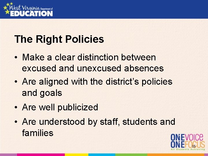 The Right Policies • Make a clear distinction between excused and unexcused absences • The Right Policies • Make a clear distinction between excused and unexcused absences •