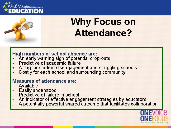 Why Focus on Attendance? High numbers of school absence are: § An early warning Why Focus on Attendance? High numbers of school absence are: § An early warning