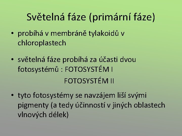 Světelná fáze (primární fáze) • probíhá v membráně tylakoidů v chloroplastech • světelná fáze