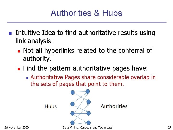Authorities & Hubs n Intuitive Idea to find authoritative results using link analysis: n Authorities & Hubs n Intuitive Idea to find authoritative results using link analysis: n