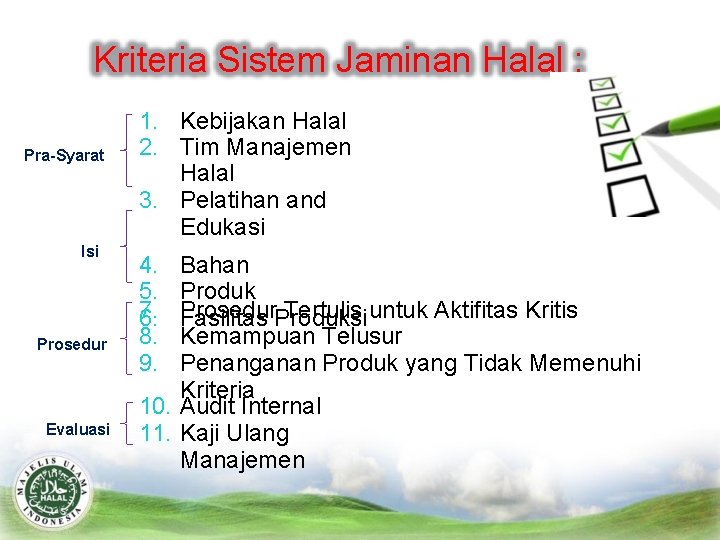 Kriteria Sistem Jaminan Halal : Pra-Syarat Isi Prosedur Evaluasi 1. Kebijakan Halal 2. Tim