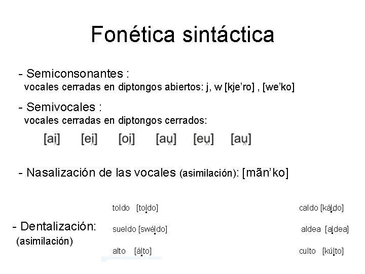 Fonética sintáctica - Semiconsonantes : vocales cerradas en diptongos abiertos: j, w [kje’ro] ,