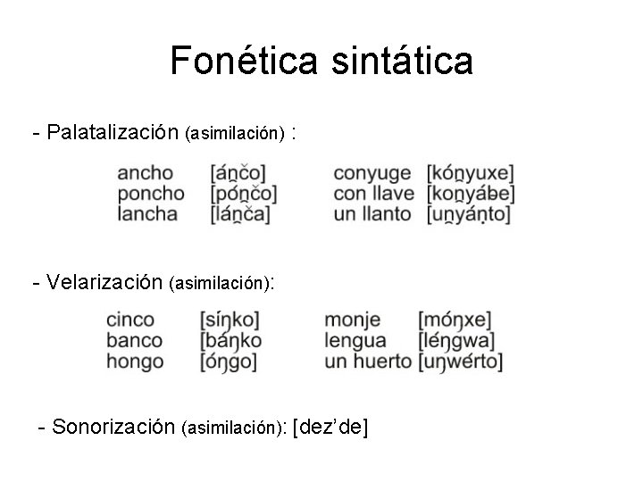 Fonética sintática - Palatalización (asimilación) : - Velarización (asimilación): - Sonorización (asimilación): [dez’de] 