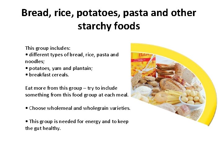 Bread, rice, potatoes, pasta and other starchy foods This group includes: • different types