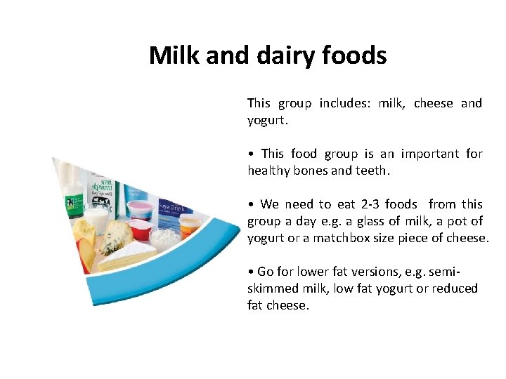 Milk and dairy foods This group includes: milk, cheese and yogurt. • This food