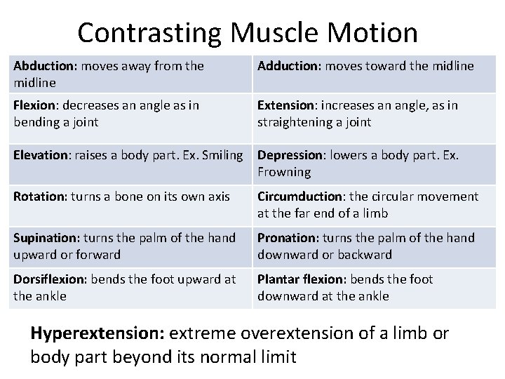 Contrasting Muscle Motion Abduction: moves away from the midline Adduction: moves toward the midline