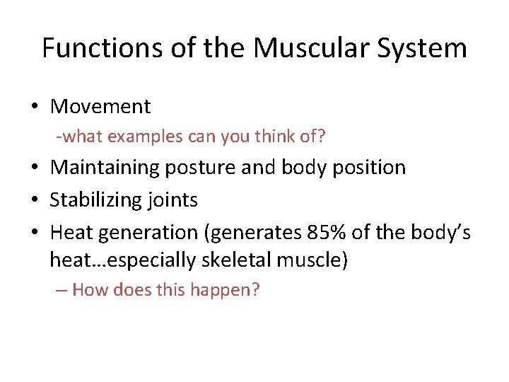 Functions of the Muscular System • Movement -what examples can you think of? •