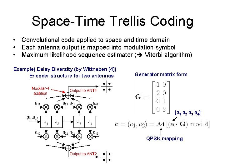 Space-Time Trellis Coding • Convolutional code applied to space and time domain • Each