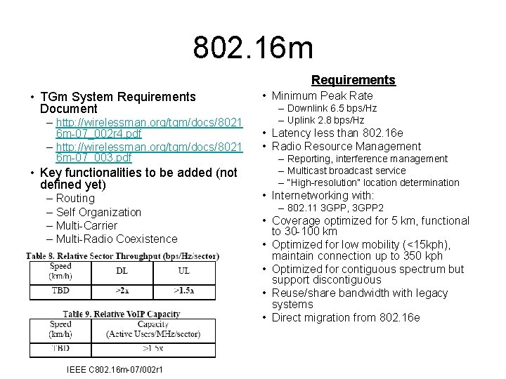 802. 16 m Requirements • TGm System Requirements Document – http: //wirelessman. org/tgm/docs/8021 6