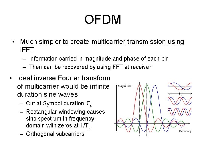 OFDM • Much simpler to create multicarrier transmission using i. FFT – Information carried