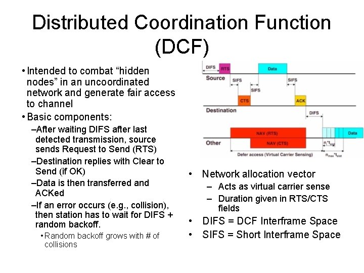 Distributed Coordination Function (DCF) • Intended to combat “hidden nodes” in an uncoordinated network