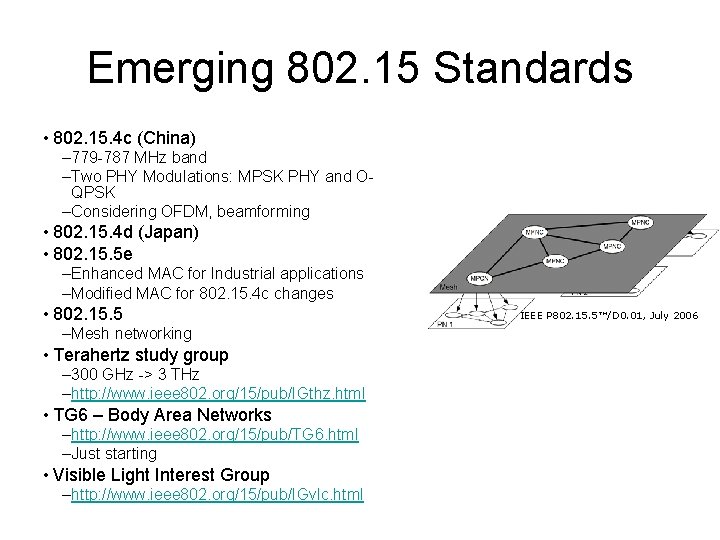 Emerging 802. 15 Standards • 802. 15. 4 c (China) – 779 -787 MHz