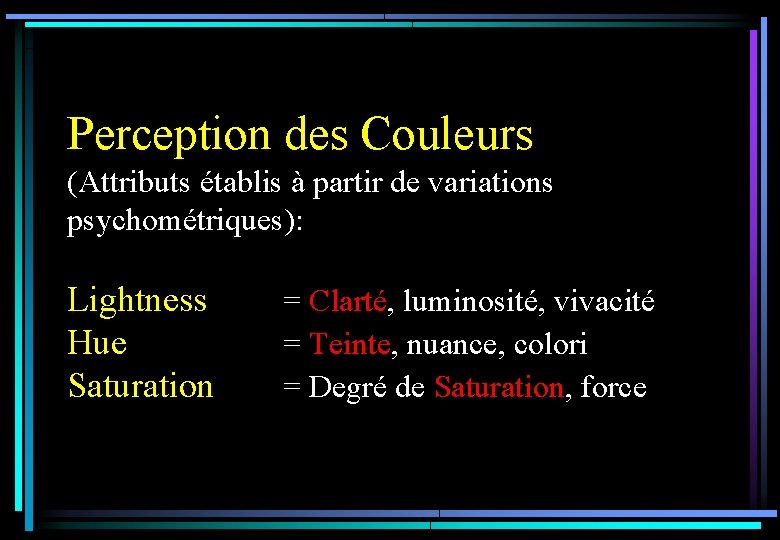 Perception des Couleurs (Attributs établis à partir de variations psychométriques): Lightness Hue Saturation =