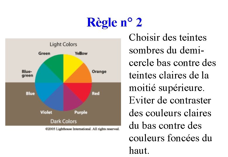 Règle n° 2 Choisir des teintes sombres du demicercle bas contre des teintes claires