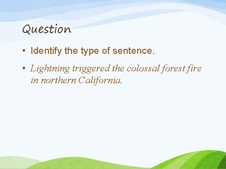 Question • Identify the type of sentence. • Lightning triggered the colossal forest fire