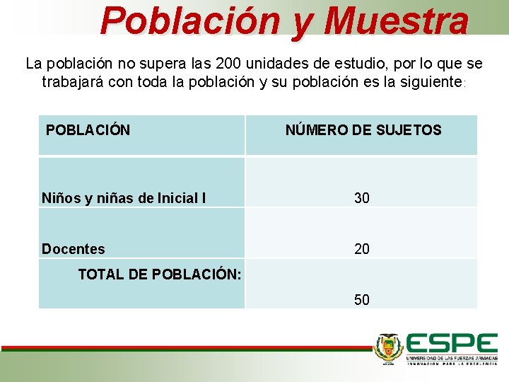 Población y Muestra La población no supera las 200 unidades de estudio, por lo Población y Muestra La población no supera las 200 unidades de estudio, por lo