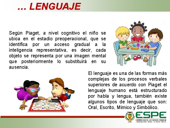 … LENGUAJE Según Piaget, a nivel cognitivo el niño se ubica en el estadio … LENGUAJE Según Piaget, a nivel cognitivo el niño se ubica en el estadio