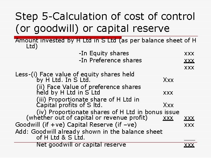 Step 5 -Calculation of cost of control (or goodwill) or capital reserve Amount invested