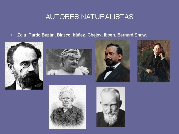 AUTORES NATURALISTAS • Zola, Pardo Bazán, Blasco Ibáñez, Chejov, Ibsen, Bernard Shaw. 