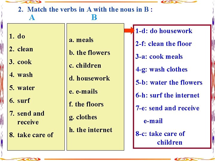 2. Match the verbs in A with the nous in B : A B