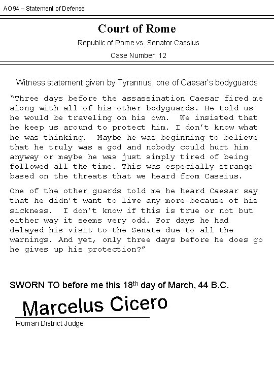 AO 94 – Statement of Defense Court of Rome Republic of Rome vs. Senator