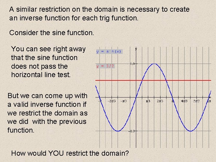 A similar restriction on the domain is necessary to create an inverse function for