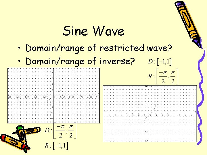 Sine Wave • Domain/range of restricted wave? • Domain/range of inverse? 