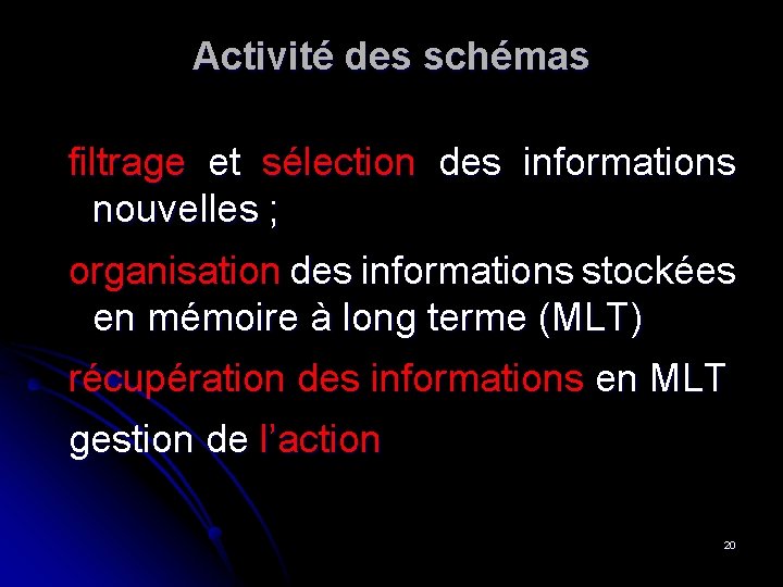 Activité des schémas filtrage et sélection des informations nouvelles ; organisation des informations stockées