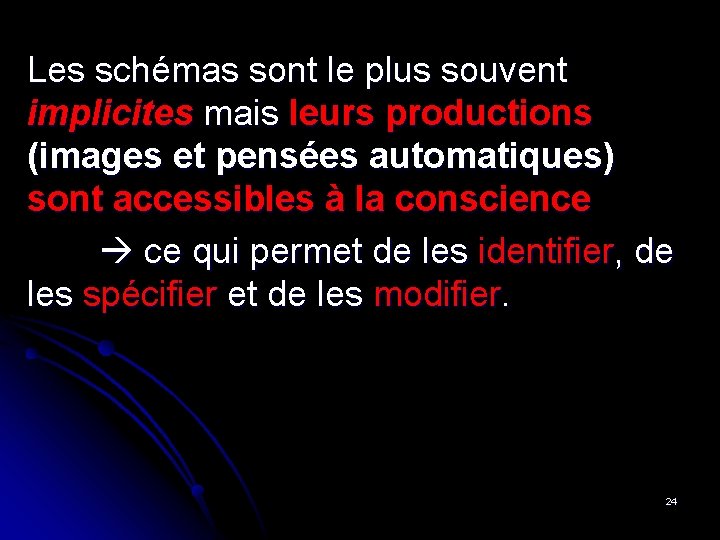 Les schémas sont le plus souvent implicites mais leurs productions (images et pensées automatiques)