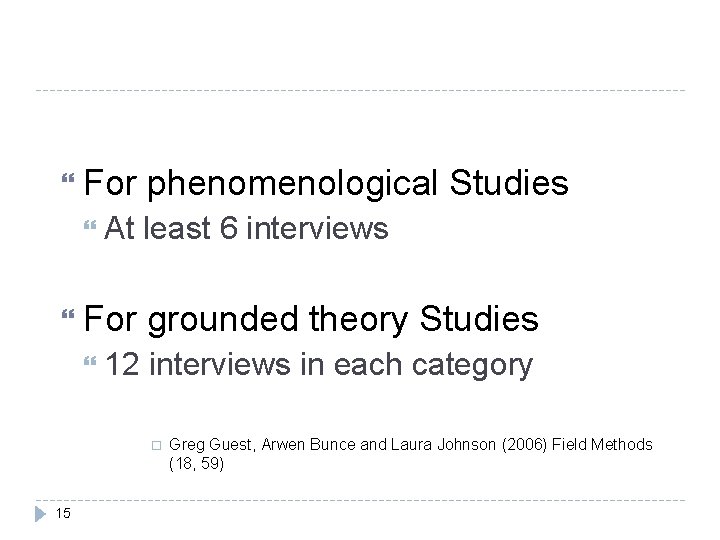  For At least 6 interviews For phenomenological Studies grounded theory Studies 12 interviews