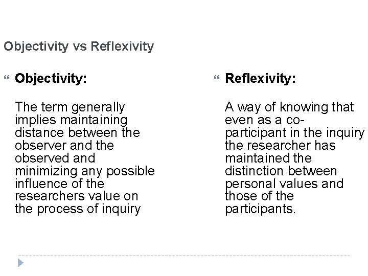 Objectivity vs Reflexivity Objectivity: The term generally implies maintaining distance between the observer and