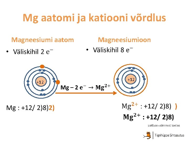 Mg aatomi ja katiooni võrdlus Magneesiumi aatom Magneesiumioon • • +12 