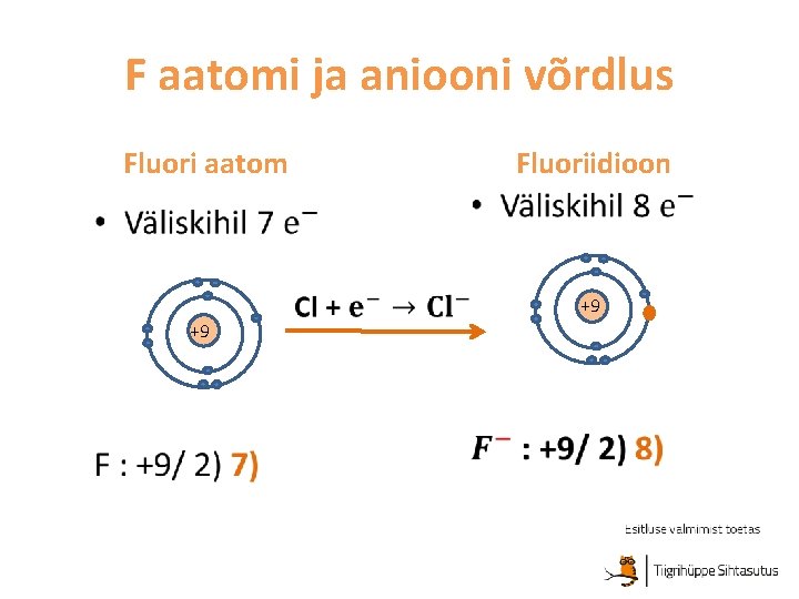 F aatomi ja aniooni võrdlus Fluori aatom Fluoriidioon • • +9 +9 