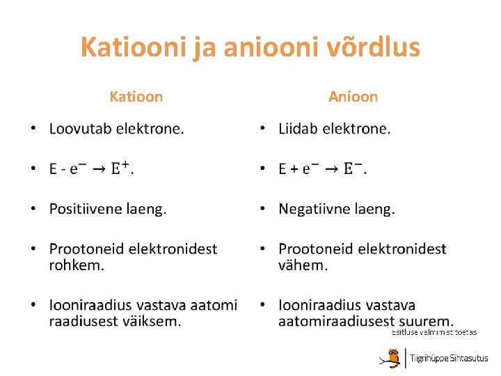 Katiooni ja aniooni võrdlus Katioon • Anioon • 