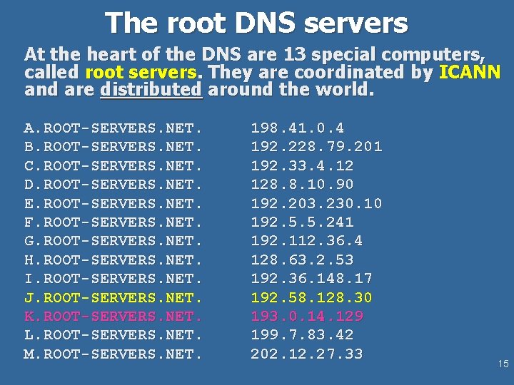 The root DNS servers At the heart of the DNS are 13 special computers,