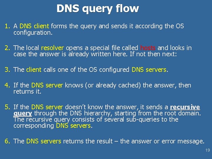 DNS query flow 1. A DNS client forms the query and sends it according