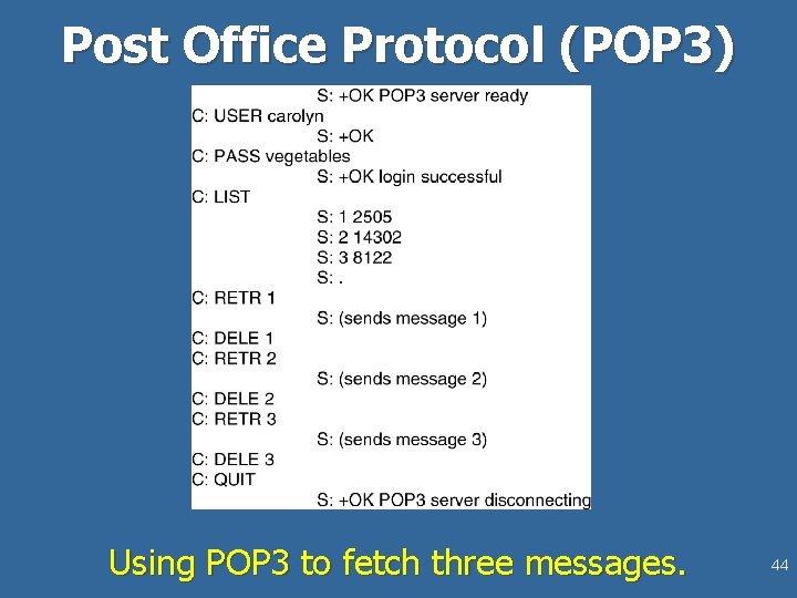 Post Office Protocol (POP 3) Using POP 3 to fetch three messages. 44 