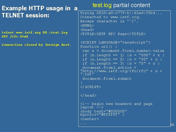 Example HTTP usage in a TELNET session: telnet www. ietf. org 80 >test. log
