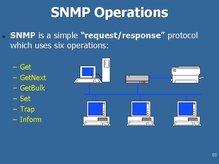 SNMP Operations l SNMP is a simple “request/response” protocol which uses six operations: –