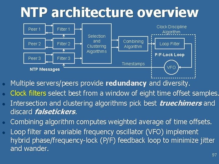 NTP architecture overview Peer 1 Clock Discipline Algorithm Filter 1 Peer 2 Filter 2