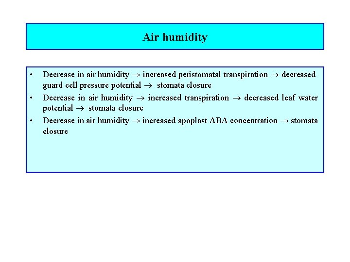 Air humidity • • • Decrease in air humidity increased peristomatal transpiration decreased guard