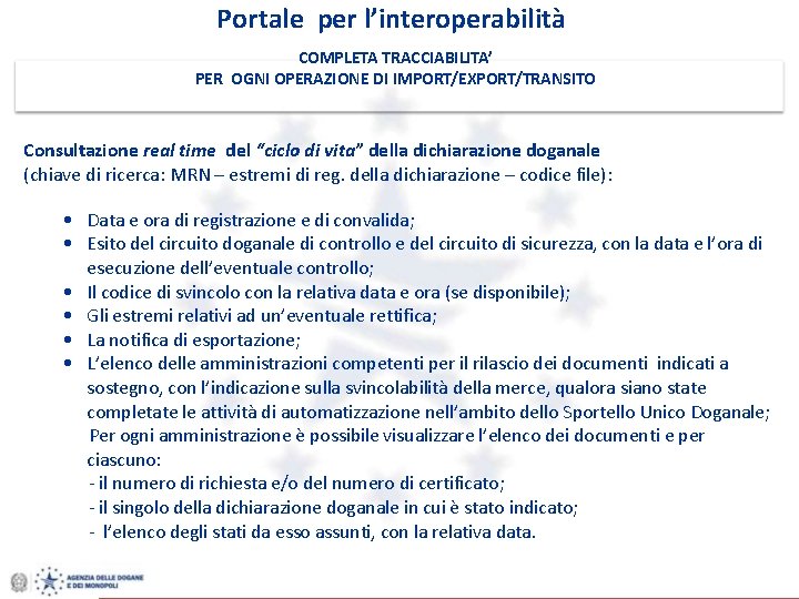 Portale per l’interoperabilità COMPLETA TRACCIABILITA’ PER OGNI OPERAZIONE DI IMPORT/EXPORT/TRANSITO Consultazione real time del