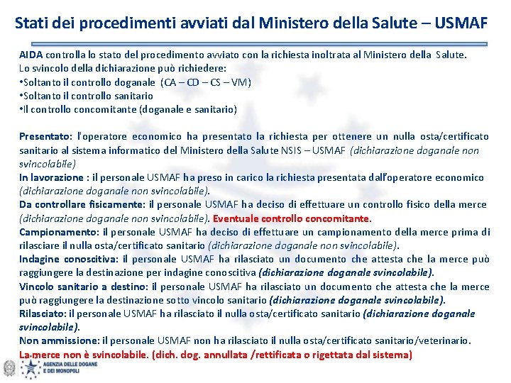 Stati dei procedimenti avviati dal Ministero della Salute – USMAF AIDA controlla lo stato