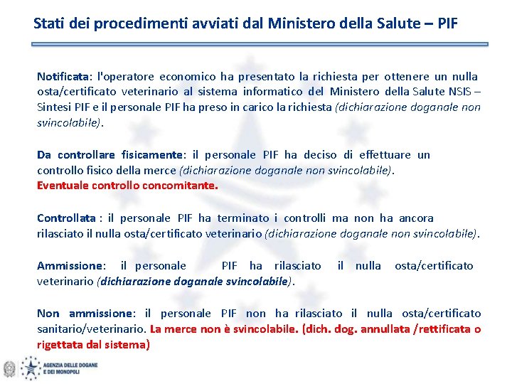 Stati dei procedimenti avviati dal Ministero della Salute – PIF Notificata: l'operatore economico ha