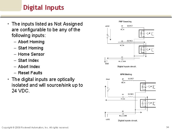 Digital Inputs • The inputs listed as Not Assigned are configurable to be any