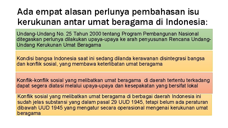 Ada empat alasan perlunya pembahasan isu kerukunan antar umat beragama di Indonesia: Undang-Undang No.