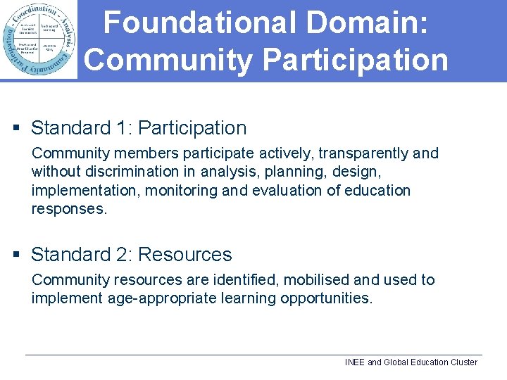 Foundational Domain: Community Participation § Standard 1: Participation Community members participate actively, transparently and