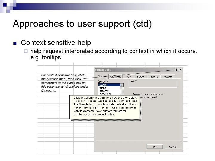 Approaches to user support (ctd) n Context sensitive help ¨ help request interpreted according Approaches to user support (ctd) n Context sensitive help ¨ help request interpreted according
